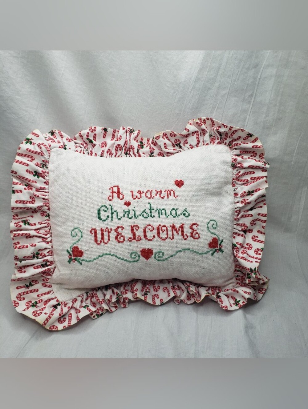 Vintage Small Ruffled Candycane Holiday Pillow Welcome Cross Stitch Words 13 In